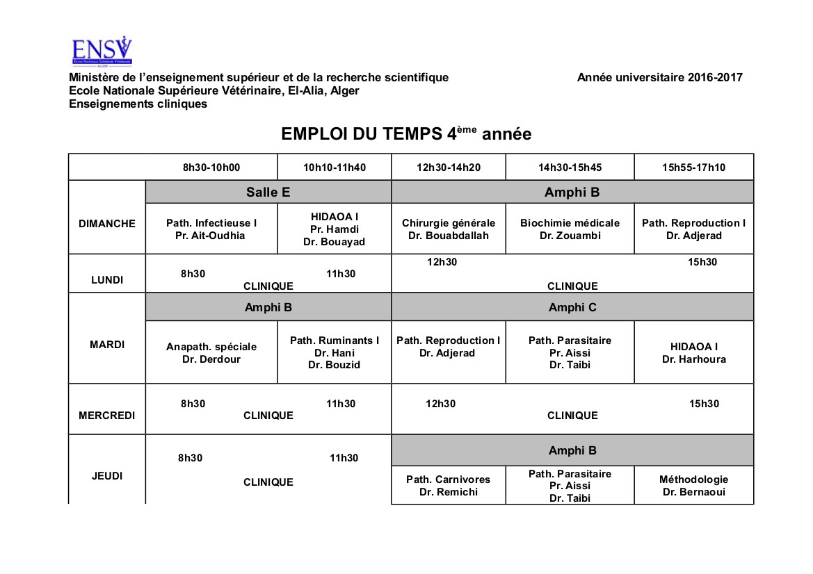 Ensv Emploi Du Temps Cycle Clinique